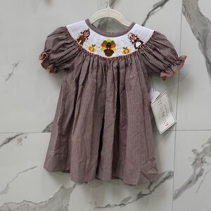 NWT Brown Checkered Smocked Thanksgiving Embroidered Girls Dress